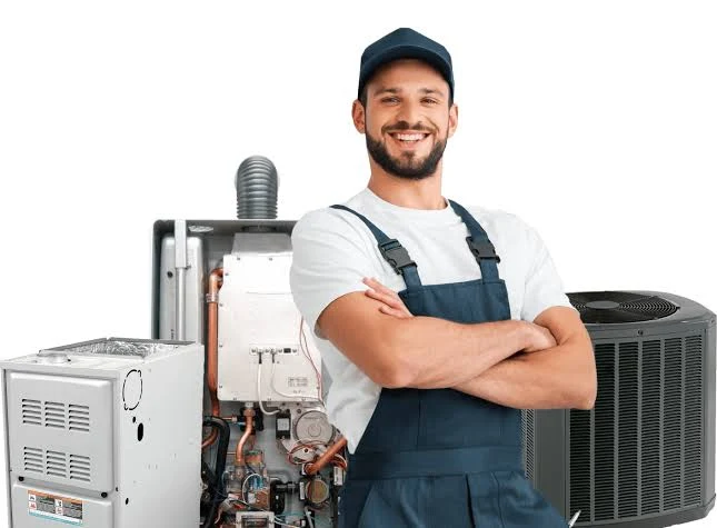 HVAC professional standing beside a furnace and air conditioning equipment